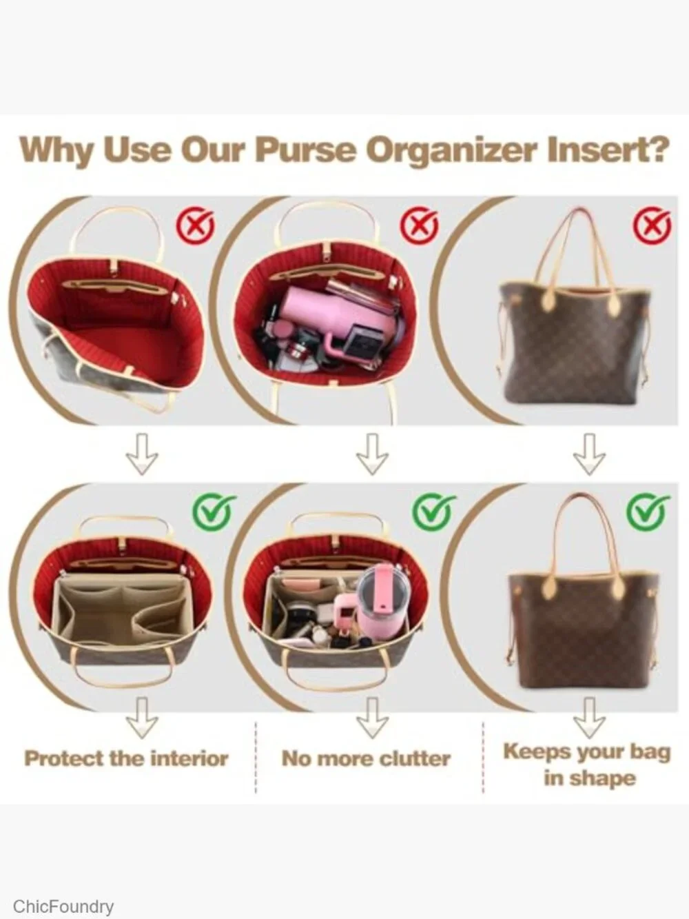 Large Felt Handbag Organizer Insert with Water Bottle Holder for Tote